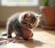 Chaton angora gris jouant avec une pelote de laine