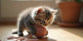 Chaton angora gris jouant avec une pelote de laine