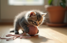 Chaton angora gris jouant avec une pelote de laine