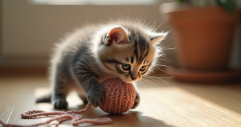 Chaton angora gris jouant avec une pelote de laine