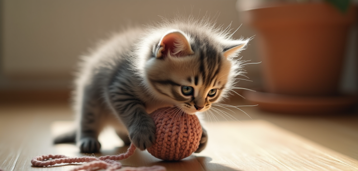 Chaton angora gris jouant avec une pelote de laine