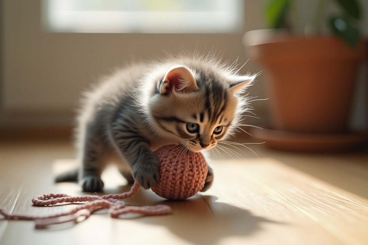 Chaton angora gris jouant avec une pelote de laine