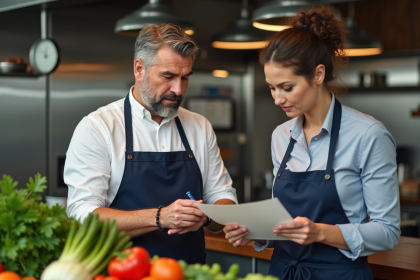 Manager de restaurant vérifiant des légumes frais en cuisine