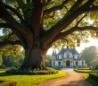 Chêne ancien dans un jardin de château avec portraits de rois français