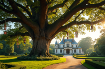 Chêne ancien dans un jardin de château avec portraits de rois français