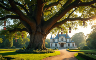 Chêne ancien dans un jardin de château avec portraits de rois français