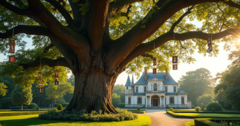 Chêne ancien dans un jardin de château avec portraits de rois français