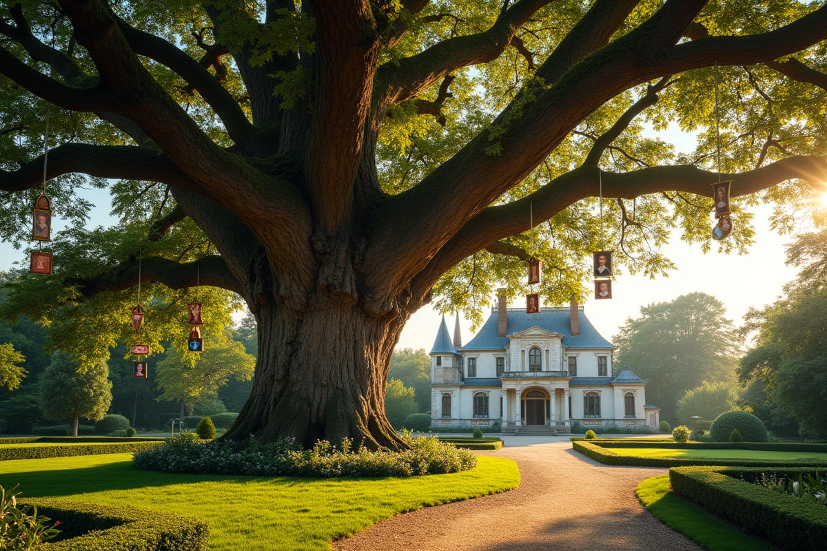 Chêne ancien dans un jardin de château avec portraits de rois français