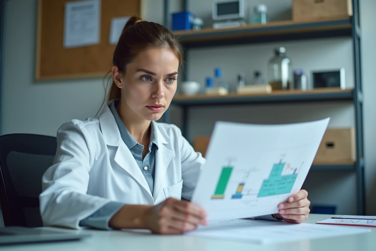 Jeune femme chercheuse étudie diagrammes hydrogene