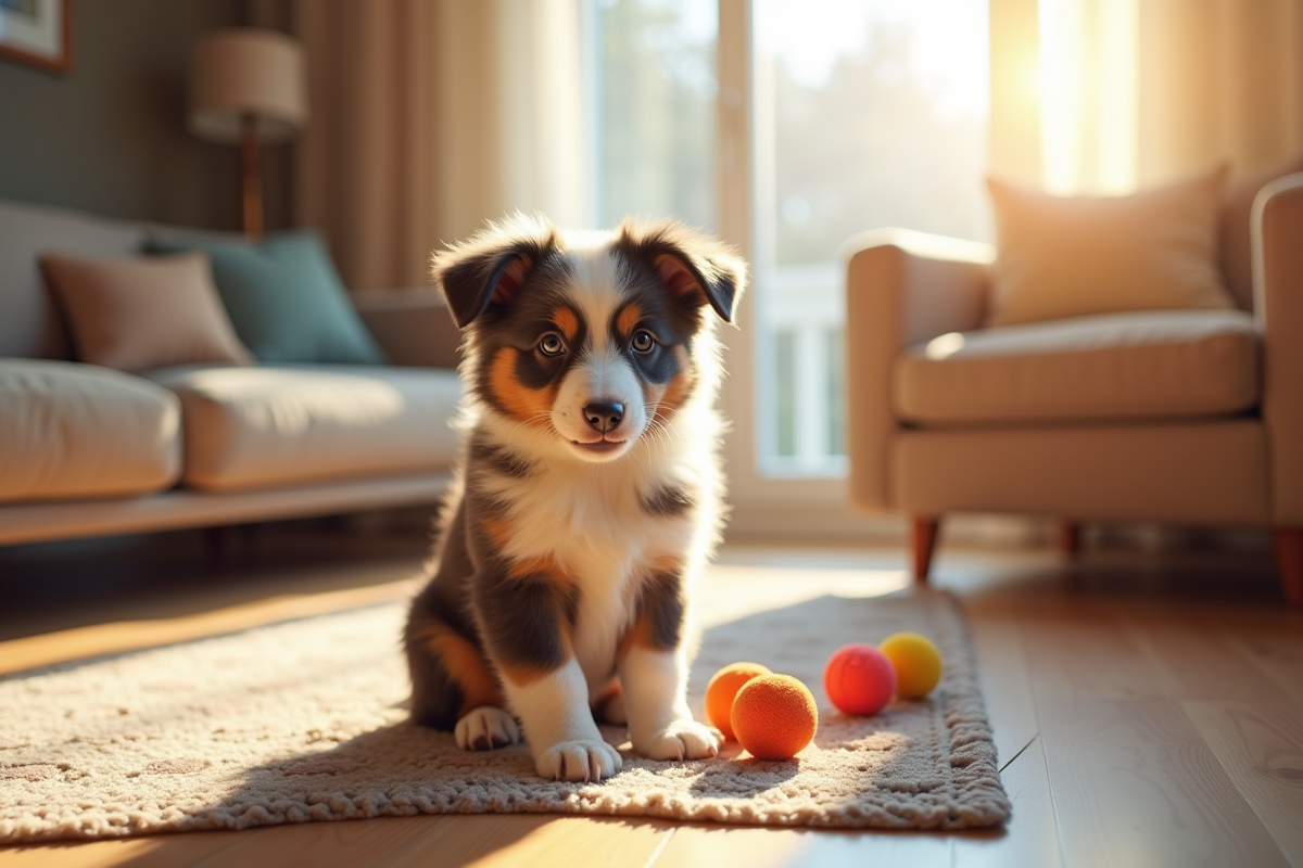Jeune Australian Shepherd dans un salon cosy avec jouets colorés