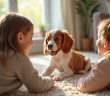 Jeune chiot Brittany Spaniel rencontrant deux enfants souriants dans un salon lumineux