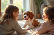 Jeune chiot Brittany Spaniel rencontrant deux enfants souriants dans un salon lumineux