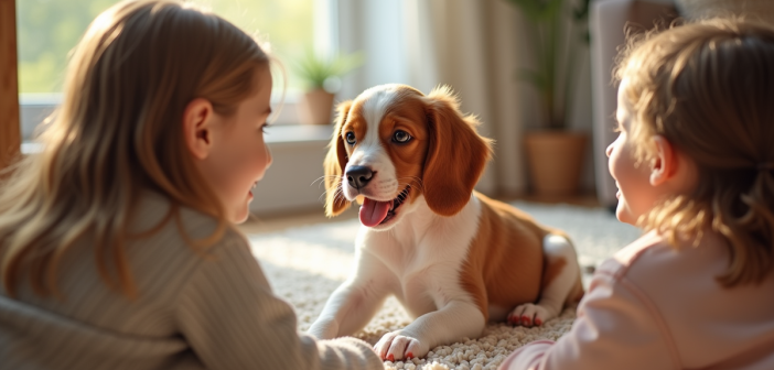Jeune chiot Brittany Spaniel rencontrant deux enfants souriants dans un salon lumineux