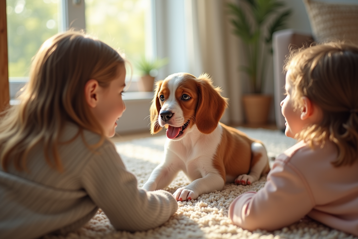 Jeune chiot Brittany Spaniel rencontrant deux enfants souriants dans un salon lumineux
