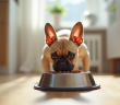 Petit chiot bulldog francais mangeant dans la cuisine lumineuse