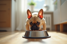 Petit chiot bulldog francais mangeant dans la cuisine lumineuse