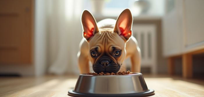 Petit chiot bulldog francais mangeant dans la cuisine lumineuse
