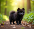 Chiot pomeranian noir en forêt en plein air