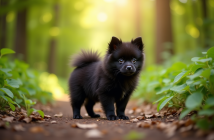 Chiot pomeranian noir en forêt en plein air