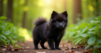 Chiot pomeranian noir en forêt en plein air