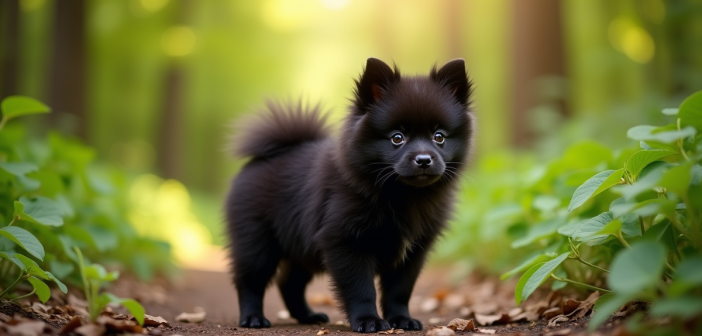 Chiot pomeranian noir en forêt en plein air
