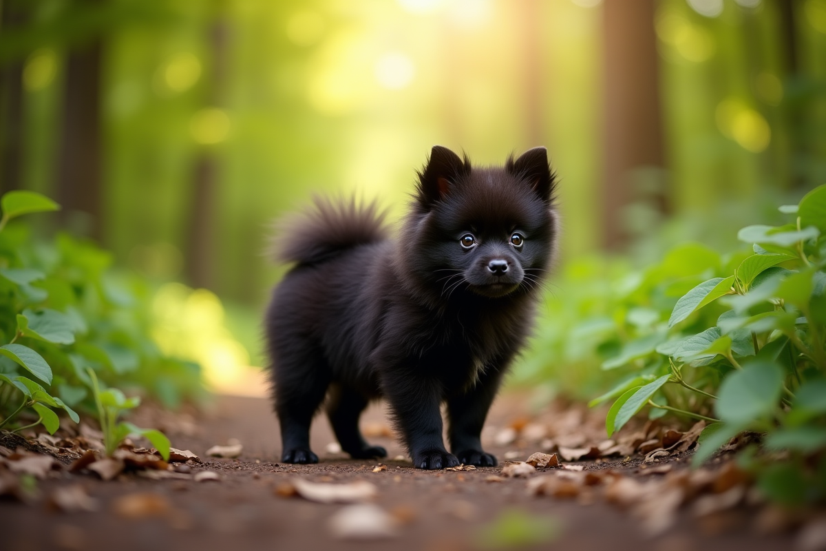 Chiot pomeranian noir en forêt en plein air