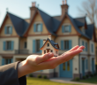 Main tenant une clé de maison devant un bâtiment français