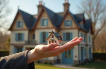 Main tenant une clé de maison devant un bâtiment français