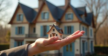 Main tenant une clé de maison devant un bâtiment français