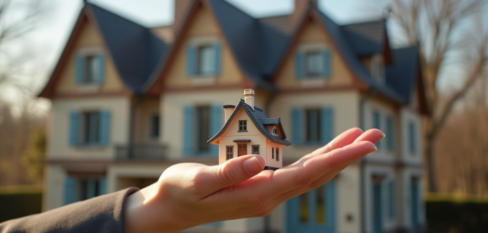 Main tenant une clé de maison devant un bâtiment français