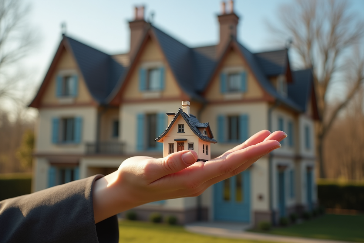Main tenant une clé de maison devant un bâtiment français