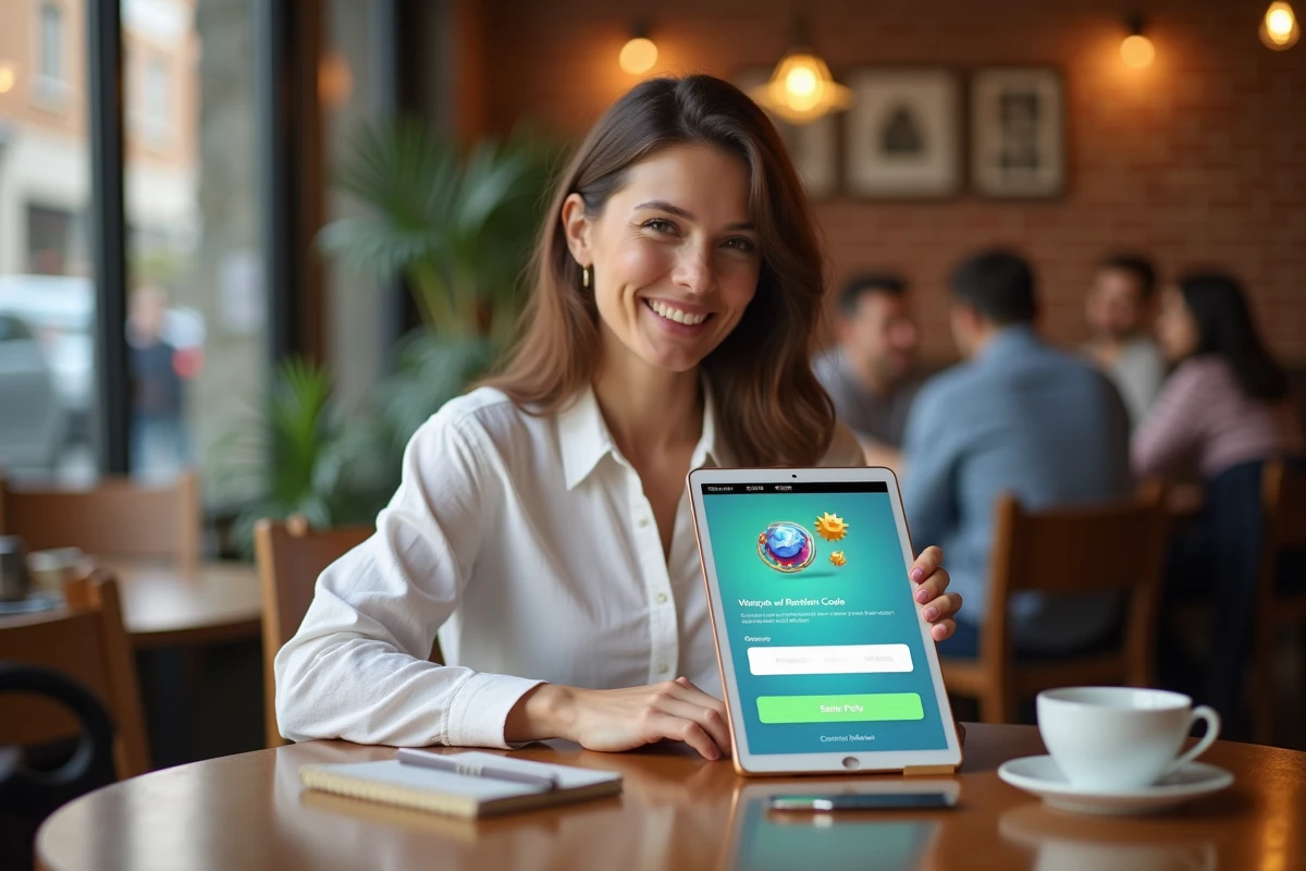 Femme consultant des codes de rachat pour Chapters 2026 sur tablette dans un café moderne
