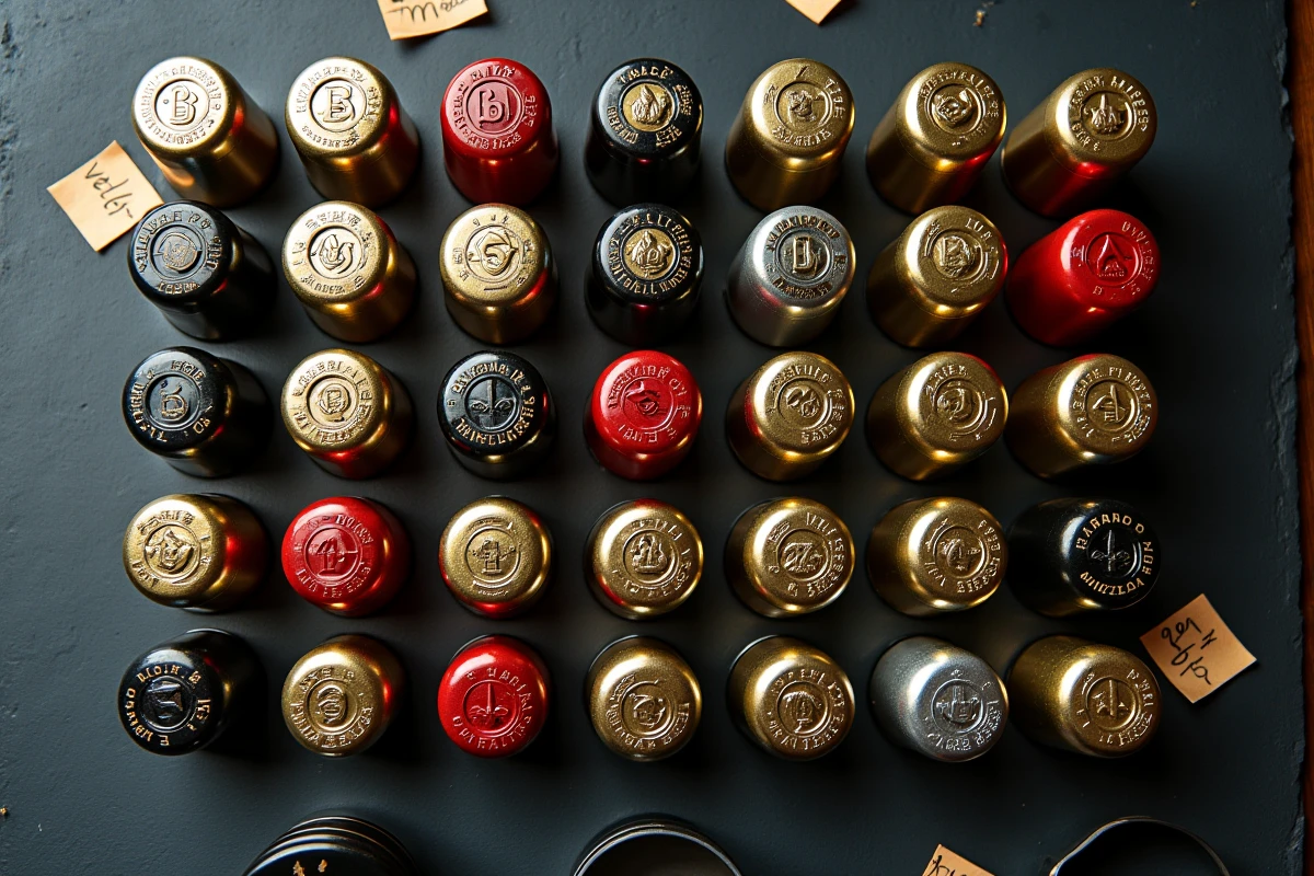 Vue de dessus de capsules de champagne et muselets variés disposés sur une ardoise sombre avec étiquettes de collection