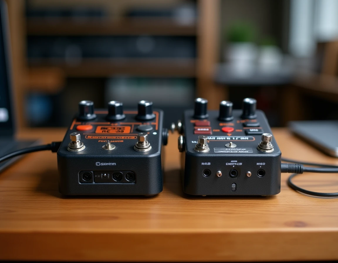 Comparaison entre le BOSS RC-30 et un looper moderne posés côte à côte sur un établi