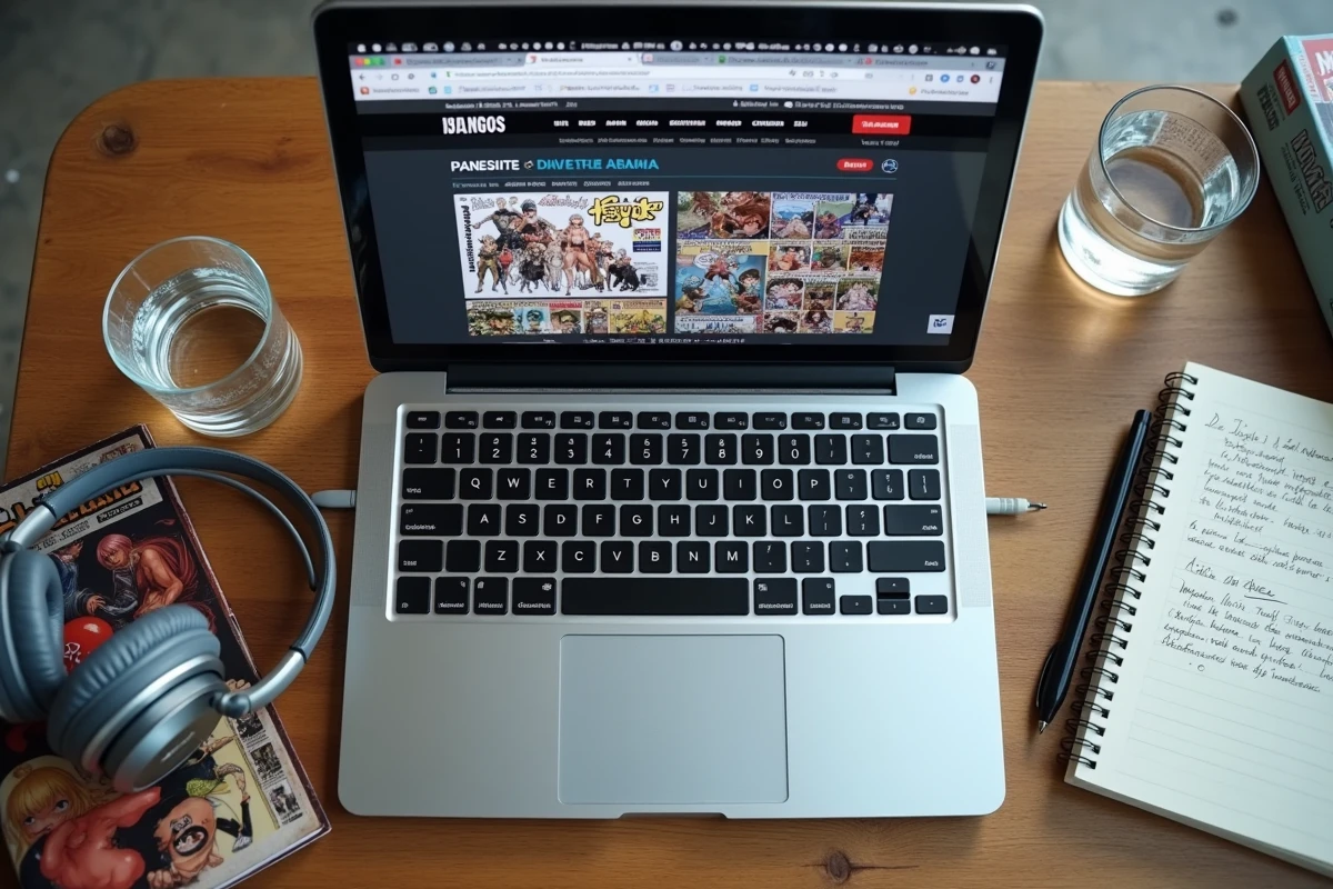 Vue de dessus d'un bureau avec comparaison de sites de manga légaux et de scans sur ordinateur portable