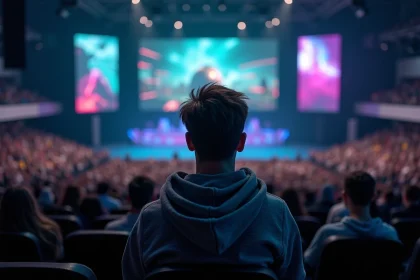 Jeune homme attentif dans une salle de conférence gaming lors du Summer Game Fest 2026, écran LED géant visible en arrière-plan