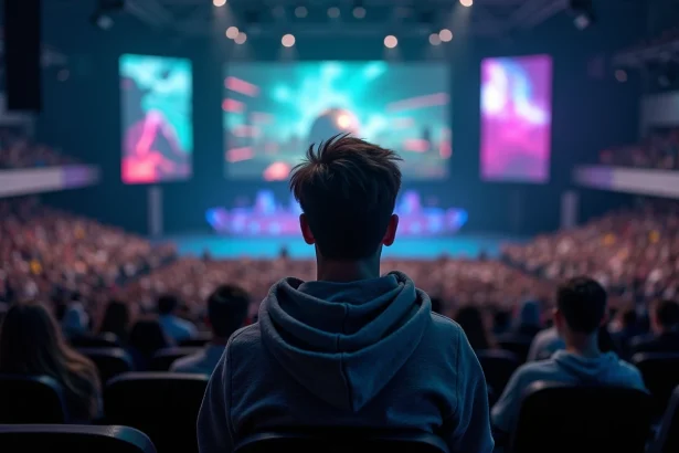 Jeune homme attentif dans une salle de conférence gaming lors du Summer Game Fest 2026, écran LED géant visible en arrière-plan