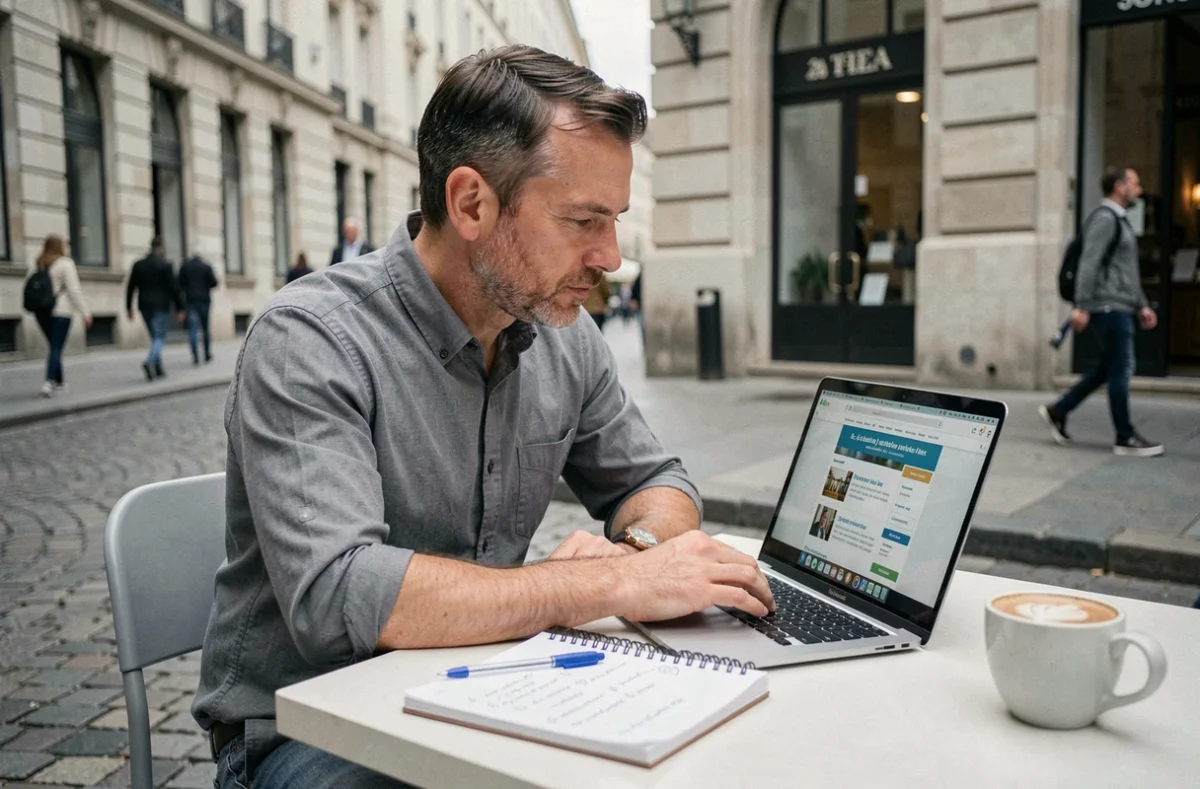 Homme travaillant sur des exercices de conjugaison française dans un café avec un ordinateur portable et un cahier de notes manuscrites
