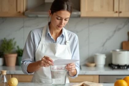 Femme dans une cuisine comparant une cruche graduée en millilitres avec une recette manuscrite pour convertir des volumes en centilitres