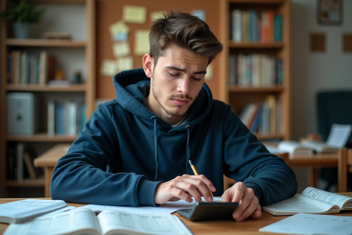Étudiant perplexe devant des notes de conversion litre centilitre sur un bureau universitaire encombré de manuels scolaires