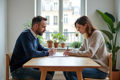 Couple dans un appartement parisien examine des documents immobiliers