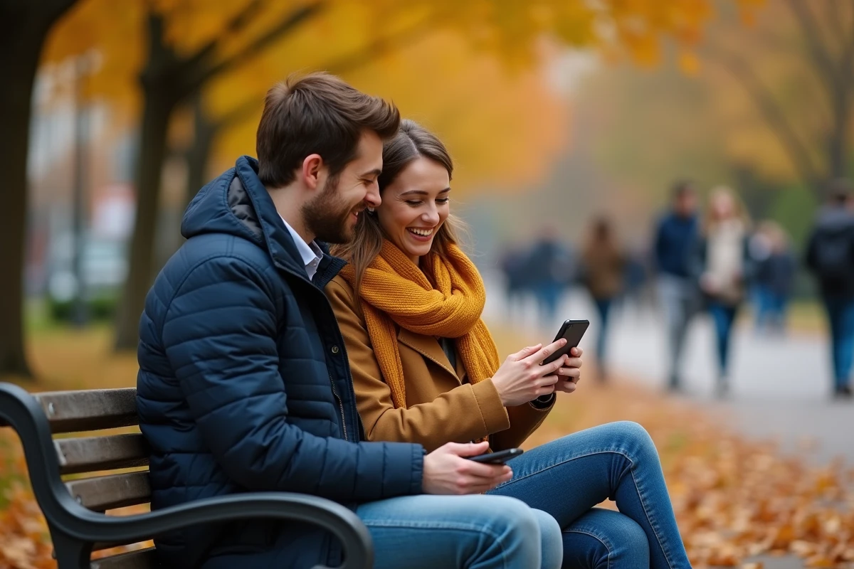 Couple complice sur un banc de parc partageant un moment de connexion émotionnelle