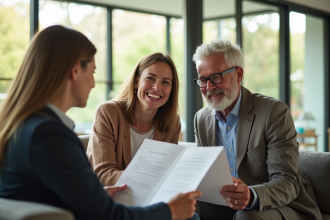 Couple souriant examinant documents immobiliers dans un salon moderne