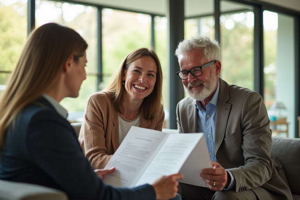 Couple souriant examinant documents immobiliers dans un salon moderne