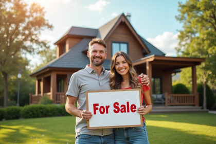 Couple souriant tenant un panneau à vendre devant une maison de vacances ensoleillée