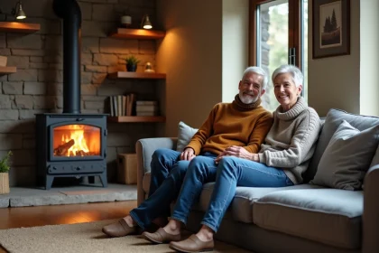 Couple souriant près d’un poêle en fonte dans un salon chaleureux