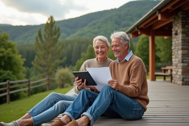 Couple souriant sur la terrasse avec jardin verdoyant