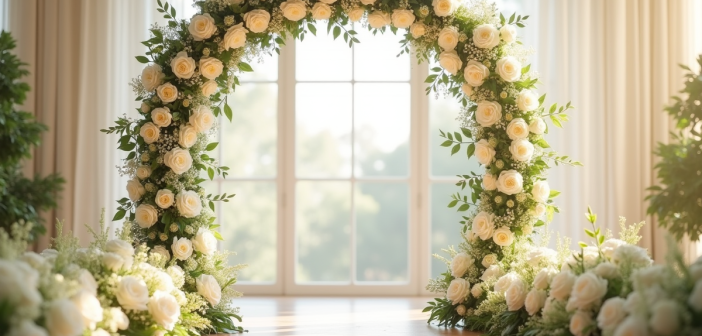 Cérémonie de mariage avec un grand arc floral élégant