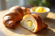 Croissant coupé en deux avec beurre et margarine sur une table lumineuse