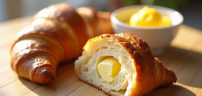 Croissant coupé en deux avec beurre et margarine sur une table lumineuse